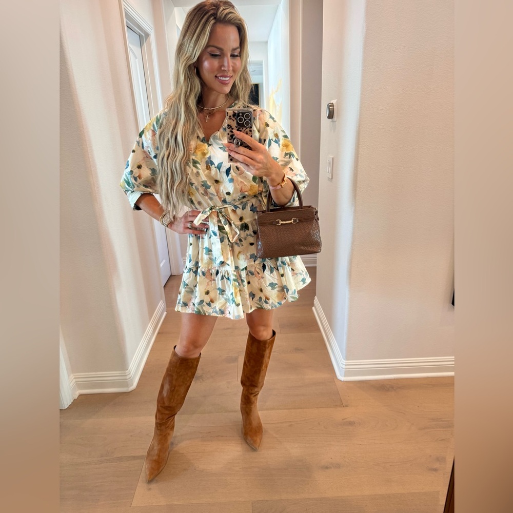 Aakaa Floral Mini Dress - Cream and Green